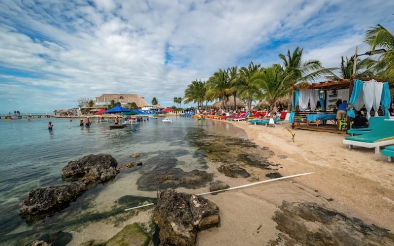 Ambergris Caye, Belize - April 3, 2023: Beach bar at Secret Beach, a collection of beachfront bars and restaurants on the west side of Ambergris Caye.